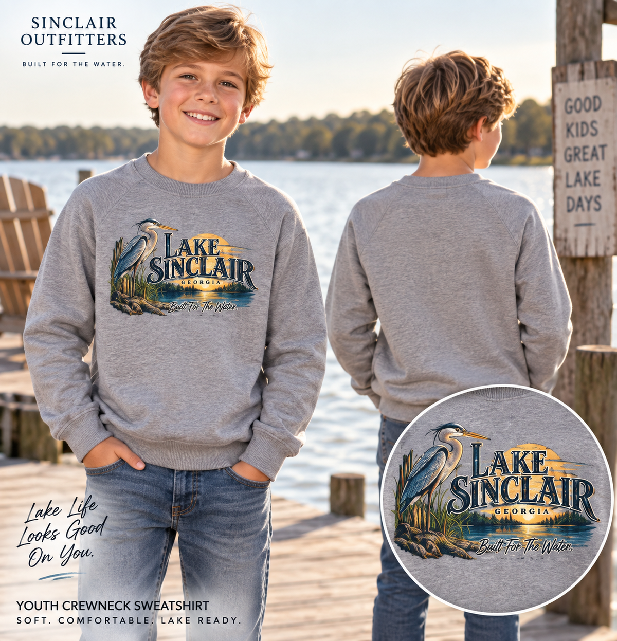 Lake Sinclair Heron youth crewneck sweatshirt by Sinclair Outfitters