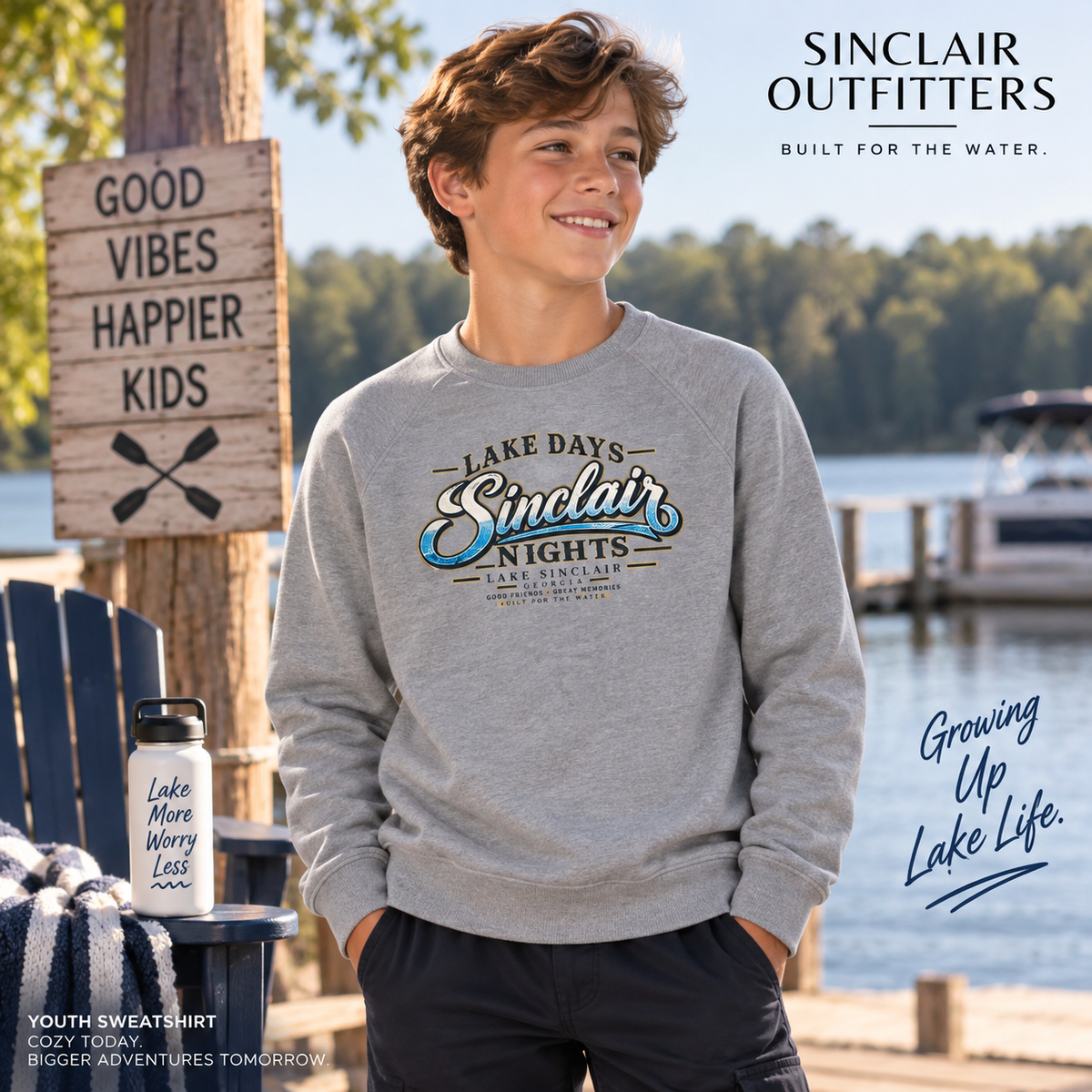 Lake Days Sinclair Nights youth crewneck sweatshirt by Sinclair Outfitters